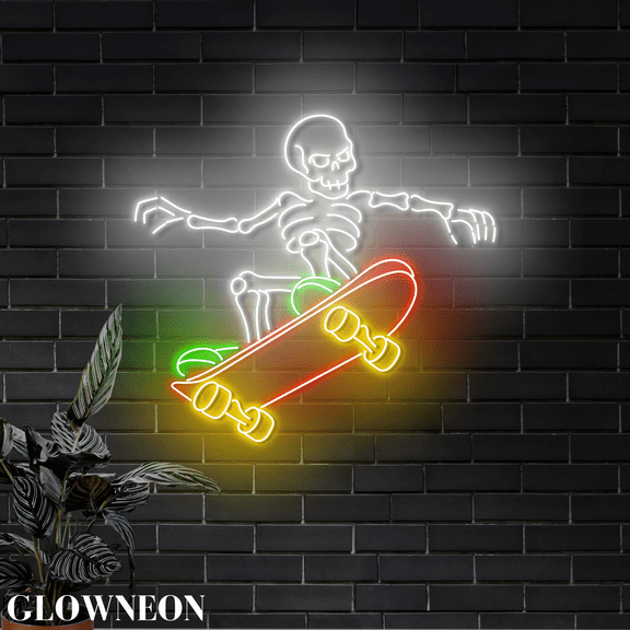 Glowneon Skeleton Skateboarding Wall Art Neon Light, Skate Shop Decor