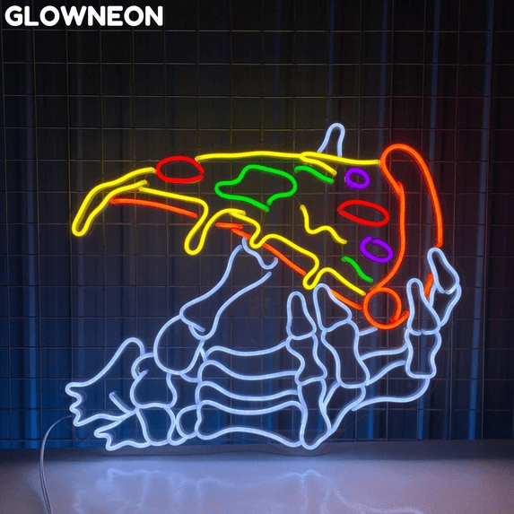Glowneon Skeleton's Hand Pizza Neon Sign, Pizza Restaurant Led Light