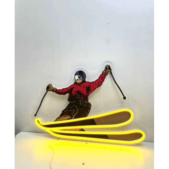Glowneon Skiing Neon Acrylic Print Sign, Snow Skiing Led Sign Decor