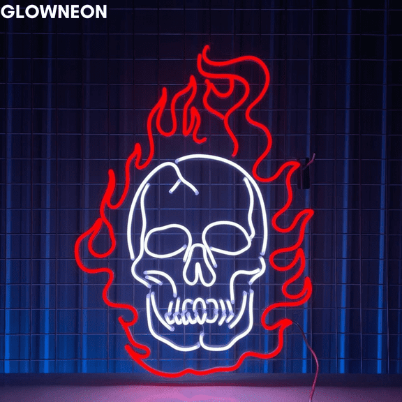 Glowneon Skull Fire Burning For Halloween Decor, Skull Neon Led Light