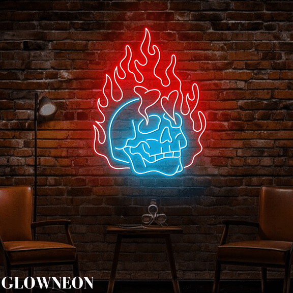 Glowneon Skull Heart Fire Neon Sign, Skull Skeleton Halloween Decor