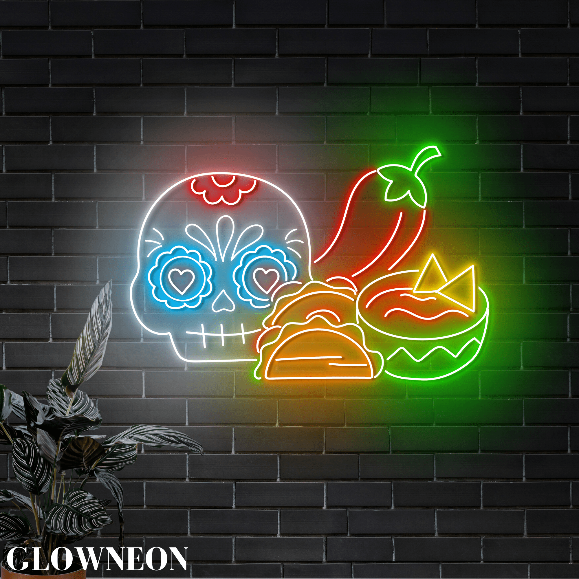 Glowneon Skull Mexican Food Neon Sign, Mexican Taco Nacho Diner Decor