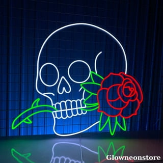  ZHZQWLJWJ Custom Neon Sign, Rose logo, Skeleton Holding Rose  Neon Sign, Death neon lighter, Flower Sign Hands Death Neon Light Room Led  Neon Sign, Wall art decoration. Size: 17inch 