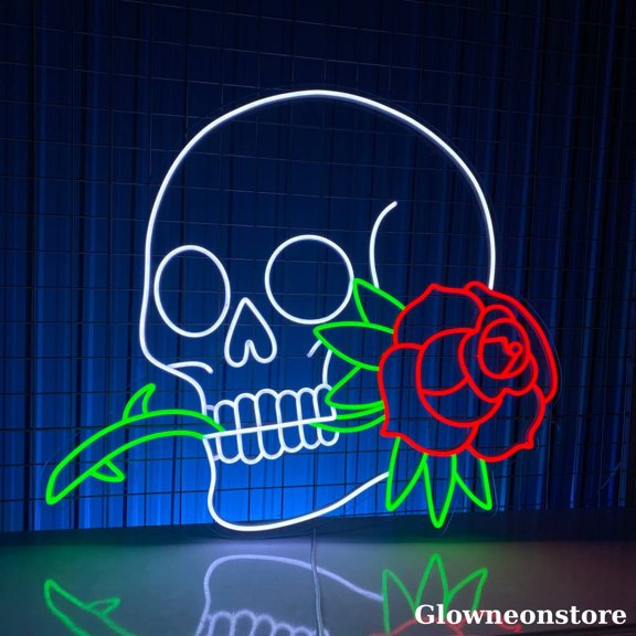 Glowneon Skull Rose Neon Sign, Skull Led Sign, Party Decor, Skeleton Sign, Skull Lover Gift