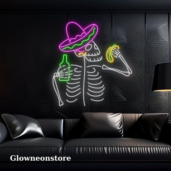 Glowneon Skull Taco Neon Sign, Skeleton Eating Tacos Led Light, Skull Tacos Led Sign
