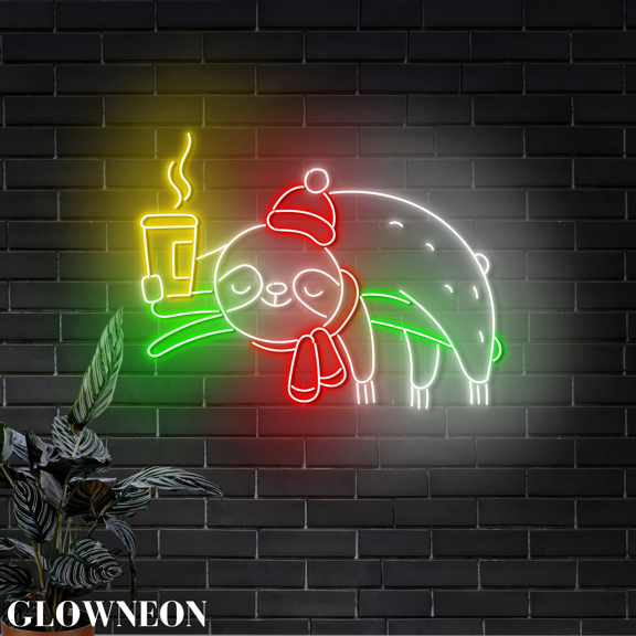 Glowneon Sloth Coffee Cup Neon Wall Decor, Christmas Coffee Shop Sign