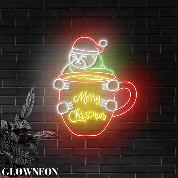 Glowneon Sloth Hugs Cocoa Cup Led Wall Art, Christmas Cocoa Shop Sign