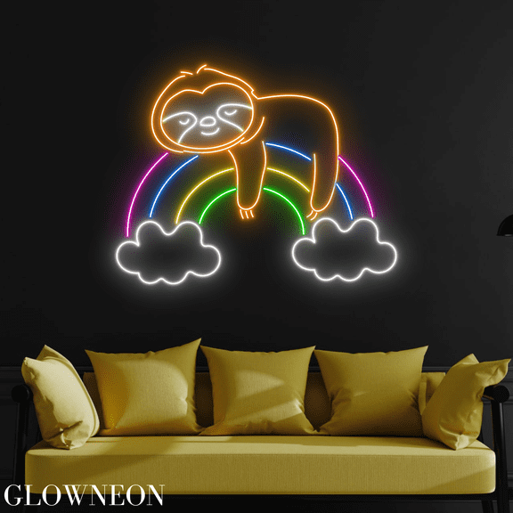 Glowneon Sloth Rainbow Cloud Neon Sign, Sloth Led Sign, Gift For Kids