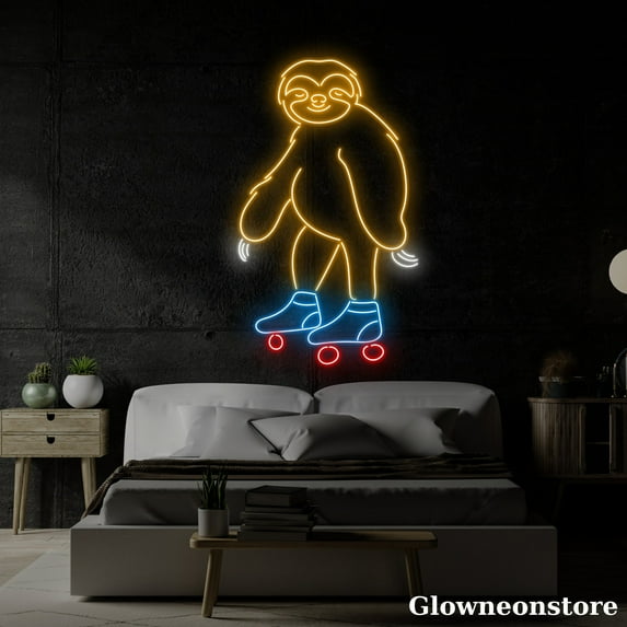 Glowneon Sloth Roller Skating Neon Sign, Sloth Roller Skating LED Sign, Sloth Neon Light