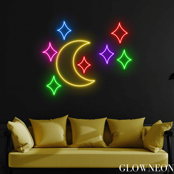 Glowneon Sprinkles Moon Stars Neon Sign, Moon Led Sign, Bedroom Decor