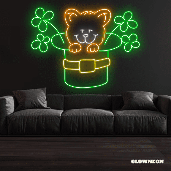 Glowneon St. Patricks Kitty Neon Sign, Saint Patrick's Day Decor
