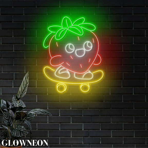 Glowneon Strawberry Skateboard Led Sign, Strawberry Fruit Shop Decor