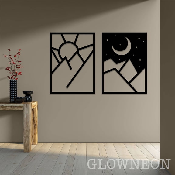 Glowneon Sun and Moon Over Mountains Metal Sign, Sun Moon Wall Art