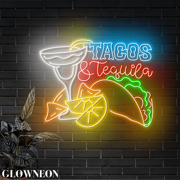 Glowneon Tacos & Tequila Wall Led Light, Mexican Restaurant Bar Decor