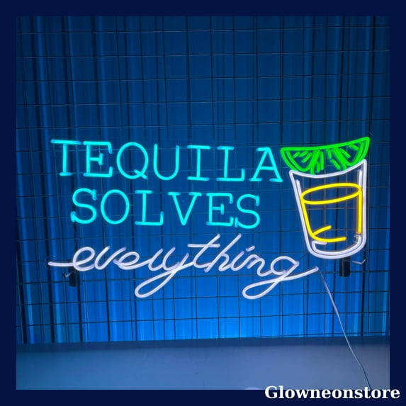 Glowneon Tequila Solves Everything Neon Sign, Bar Pub Decor Cocktail Neon Sign, Bar Led Sign
