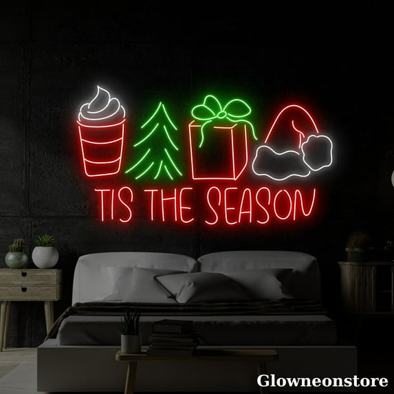 Glowneon Tis The Season Neon Sign, Merry Christmas Sign, Coffee Shop Wall Decor, Santa Hat Neon