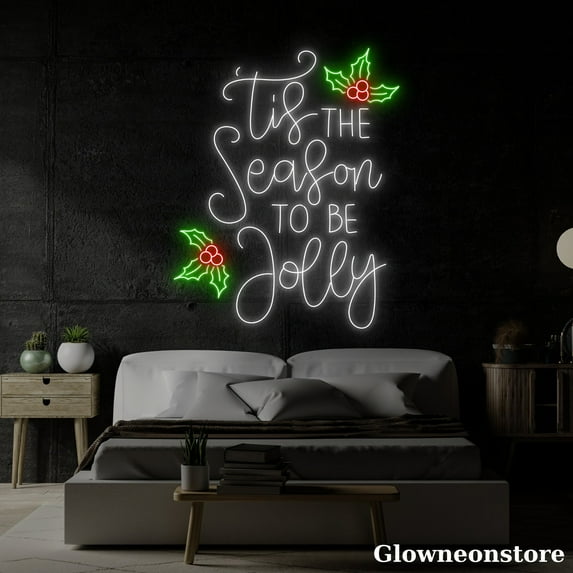 Glowneon Tis The Season To Be Jolly Neon Sign, Christmas Quotes LED Sign, Coffee Shop Decor