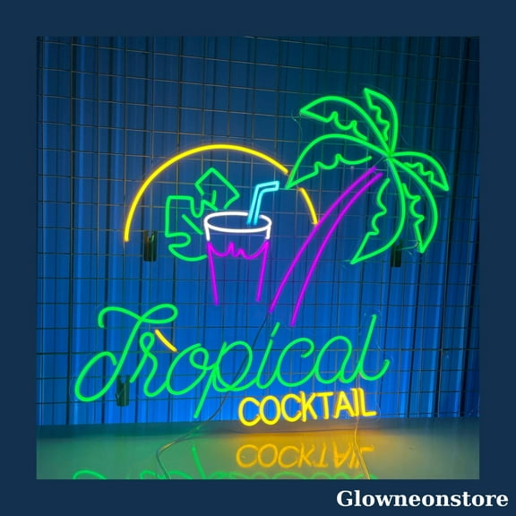 Glowneon Topical Cocktail Palm Tree Neon Sign, Palm Tree Led Sign, Beach Bar Decor, Tropical Led