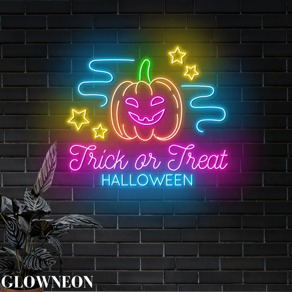 Glowneon Treat Or Trick Halloween Pumpkin Neon Sign, Halloween Decor