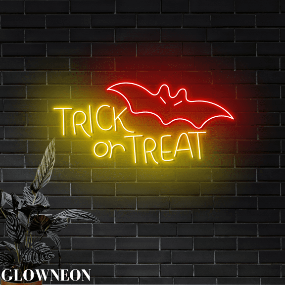 Glowneon Trick Or Treat Neon Sign, Bat Halloween Night Led Wall Decor