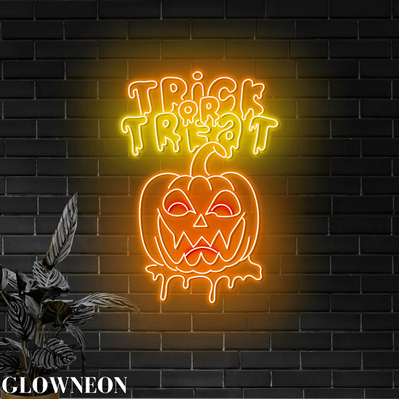 Glowneon Trick Or Treat Scary Pumpkin Led Sign, Halloween Pumpkin Art