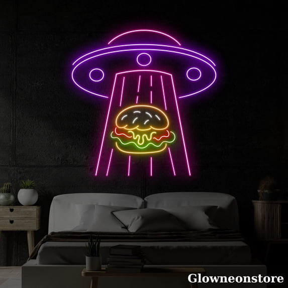 Glowneon UFO Abduction Burger Neon Sign, Alien Abducting Burger Led Sign, UFO Neon Sign