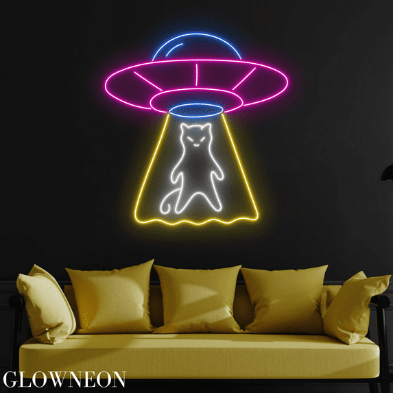 Glowneon UFO Abduction Cat Wall Art Led Light For Kid Room Decor Sign