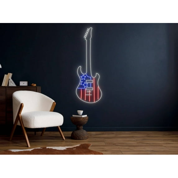 Glowneon USA Flag Guitar Neon Sign, Music Studio Wall Art LED Decor