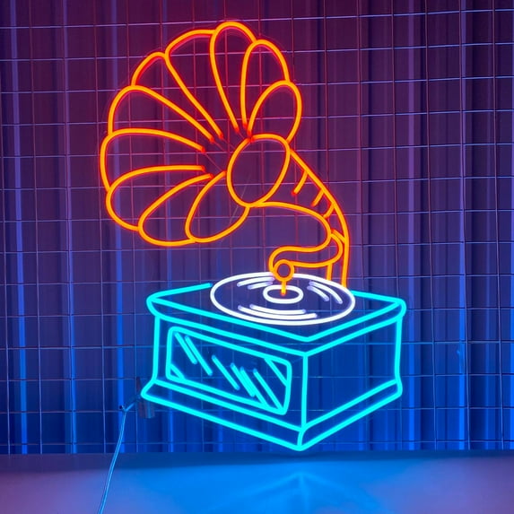 Glowneon Vinyl Record Player Vintage Neon Sign Wall Hanging, Record Player Shop Decor 25in x 19.3in