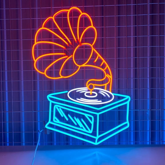 Glowneon Vinyl Record Player Vintage Neon Sign Wall Hanging, Record Player Shop Decor 25in x 19.3in