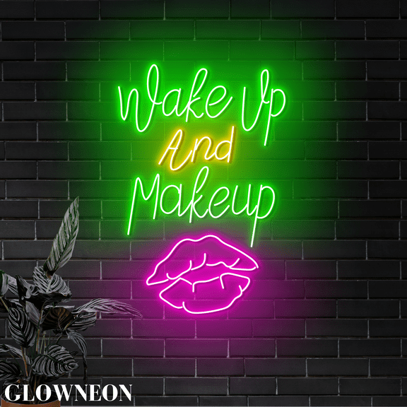 Glowneon Wake Up and Makeup Led Sign, Cosmetic Makeup Room Wall Decor