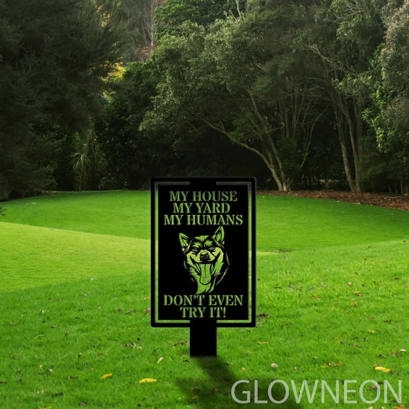 Glowneon Warning Dog Shiba Inu Stake, Warning Dog Metal Yard Stake