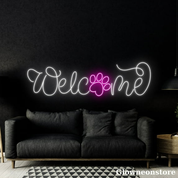 Glowneon Welcome Pet Grooming Neon Sign, Pet Paw Led Sign, Pet Shop Led Light, Grooming Sign