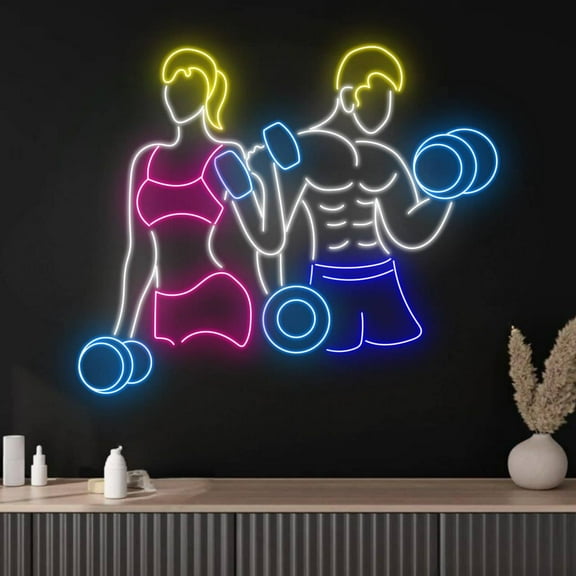 Glowneon Woman Man Dumb-bells Neon Sign, Gym Fitness Club Sign Decor