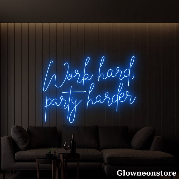 Glowneon Work Hard Party Harder Neon Sign, Bar Neon Sign, Motivation Quotes Sign, Home Bar Decor