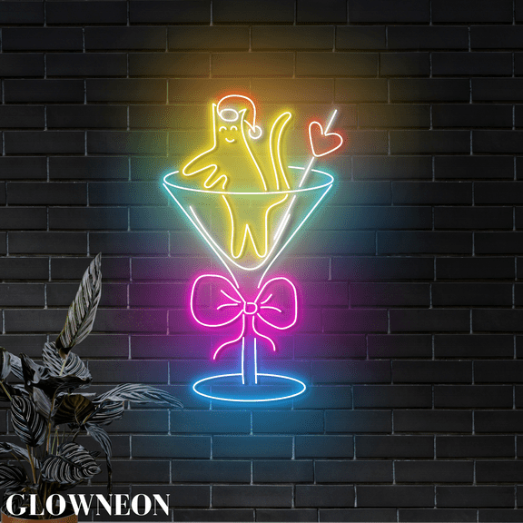 Glowneon Xmas Cat Martini Cocktail Led Sign, Christmas Bar Wall Decor