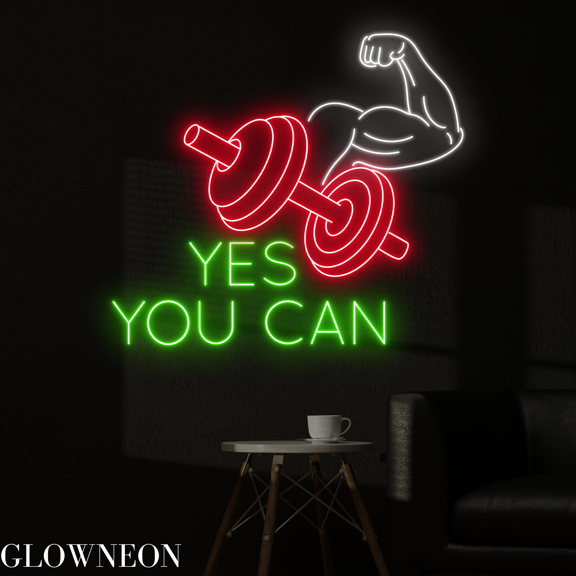 Glowneon Yes You Can Neon Sign, Fitness Room Led Sign, Gym Club Art