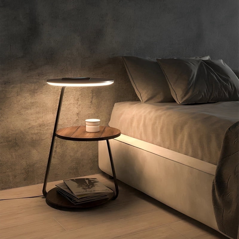 Glownest Bedside Table with LED Light, Wireless Charging, Walnut Wood, Touch Switch, Modern Nightstand for Bedroom
