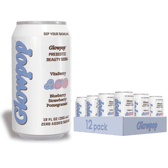Glowpop Sparkling Prebiotic Beauty Soda, VitaBerry (Blueberry Strawberry Pomegranate), Supports Skin & Gut Health, 5g Prebiotic Fiber, Collagen-Building Peptides, Biotin, 12 Fl Oz, Pack of 12