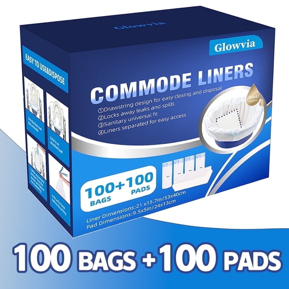 Glowvia 100 Count Commode Liners with 100 Count Absorbent Pad,100 pack Disposable Bags,Disposable Bedside Commode Liners,Potty Liners for Standard Toilet Chair Buckets and Portable Potty
