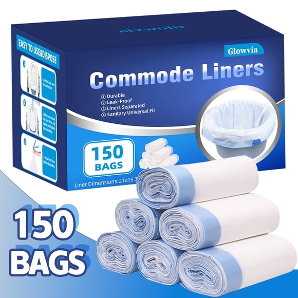 Glowvia 150 Count Commode Liners,Leak Proof Disposable Bags for Bedside Commode,Toilet Bags for Portable Potty Chair,Universal Fit,No Absorbent Pad