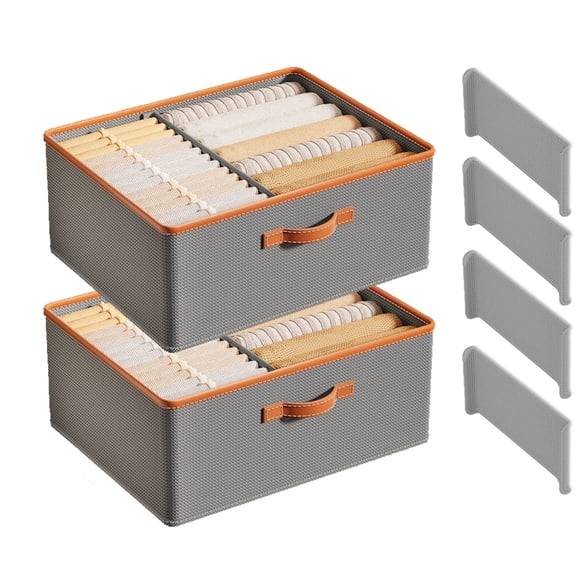 Glowvia 2-Pack Fabric Storage Bins with 4 Detachable Dividers and Handle - Foldable, Stackable Wardrobe Organizer