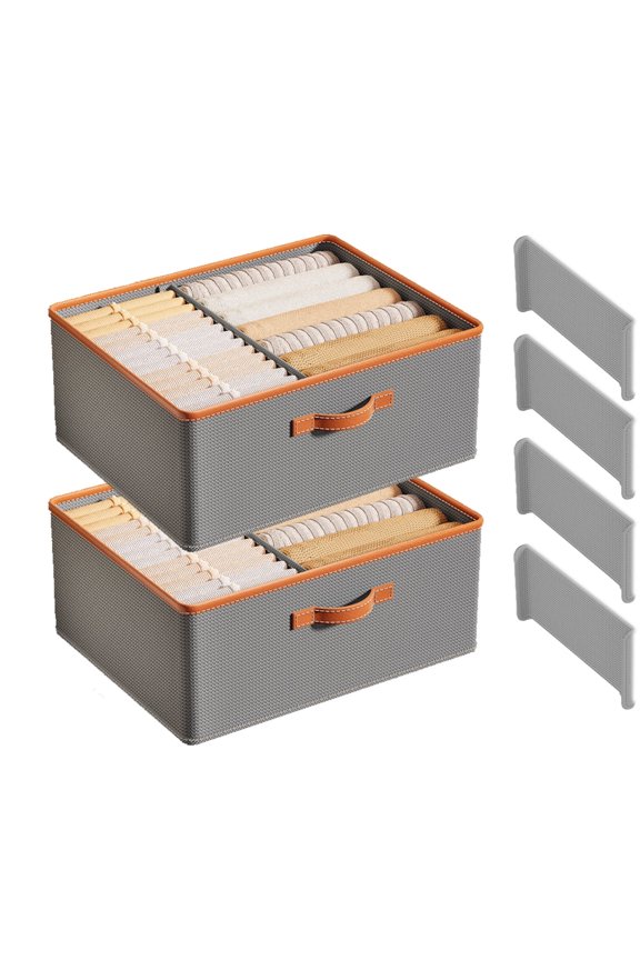 2-Pack Fabric Storage Bins with 4 Detachable Dividers and Handle - Foldable, Stackable Wardrobe Organizer