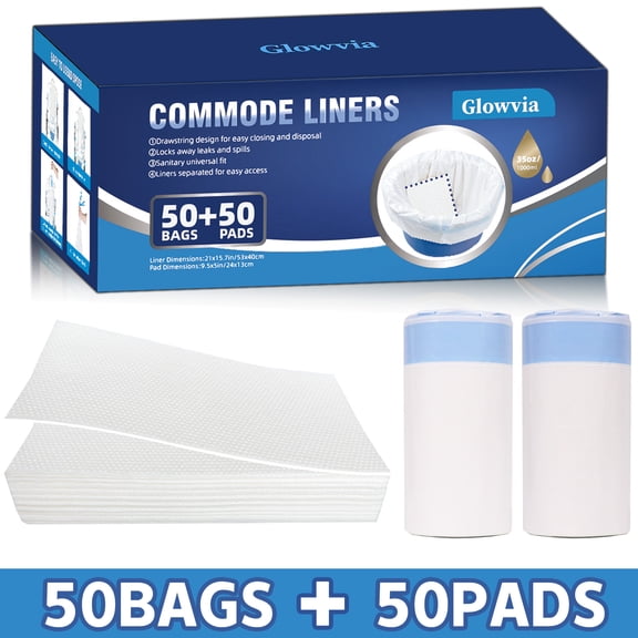 Glowvia 50 Pack Bedside Commode Liners with Absorbent Pads,Disposable Commode Bags,Potty Liner for Portable Toilet Chair,Standard Toilet&Potty Chair