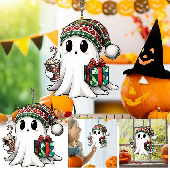 Glowy Ghost Halloween Suncatcher - 8 Inch Round Window Hanging Decor, Creates Rainbows, Spooky Cute Design with Suction Cup Hook & Chain