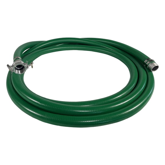 Gloxco 1-1/2″ Green PVC Suction Hose Assembly, Female Camlock x Male NPT KC Nipple, 70 PSI, 30′ Length