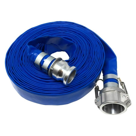 Gloxco 1-1/2" x 50' Blue Lay Flat PVC Hose Assembly with Aluminum Cam and Groove C and E Fittings used with a Sump Pump or Water Transfer Pump for Water Discharge, Pool Drain or Backwash