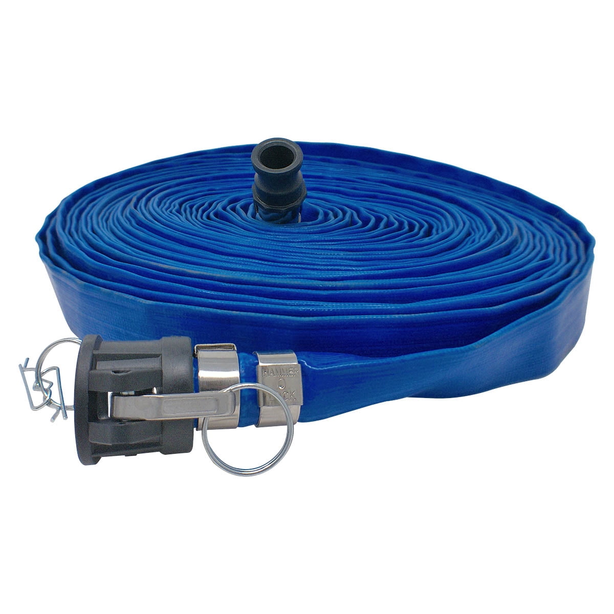 Gloxco 1" x 100′ Blue Lay Flat PVC Discharge Hose Assembly with Poly Cam and Groove C and E Fittings