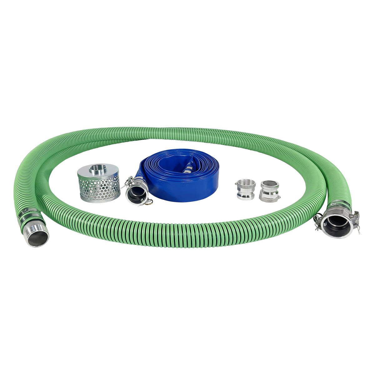 Gloxco 2" Pump Hose Kit, Includes 2 inch x 20 ft Green EPDM Suction Hose, 2 inch x 50 ft Blue Lay Flat Discharge Hose, Plated Steel Suction Strainer and Two Additional Male Cam and Groove Adapters