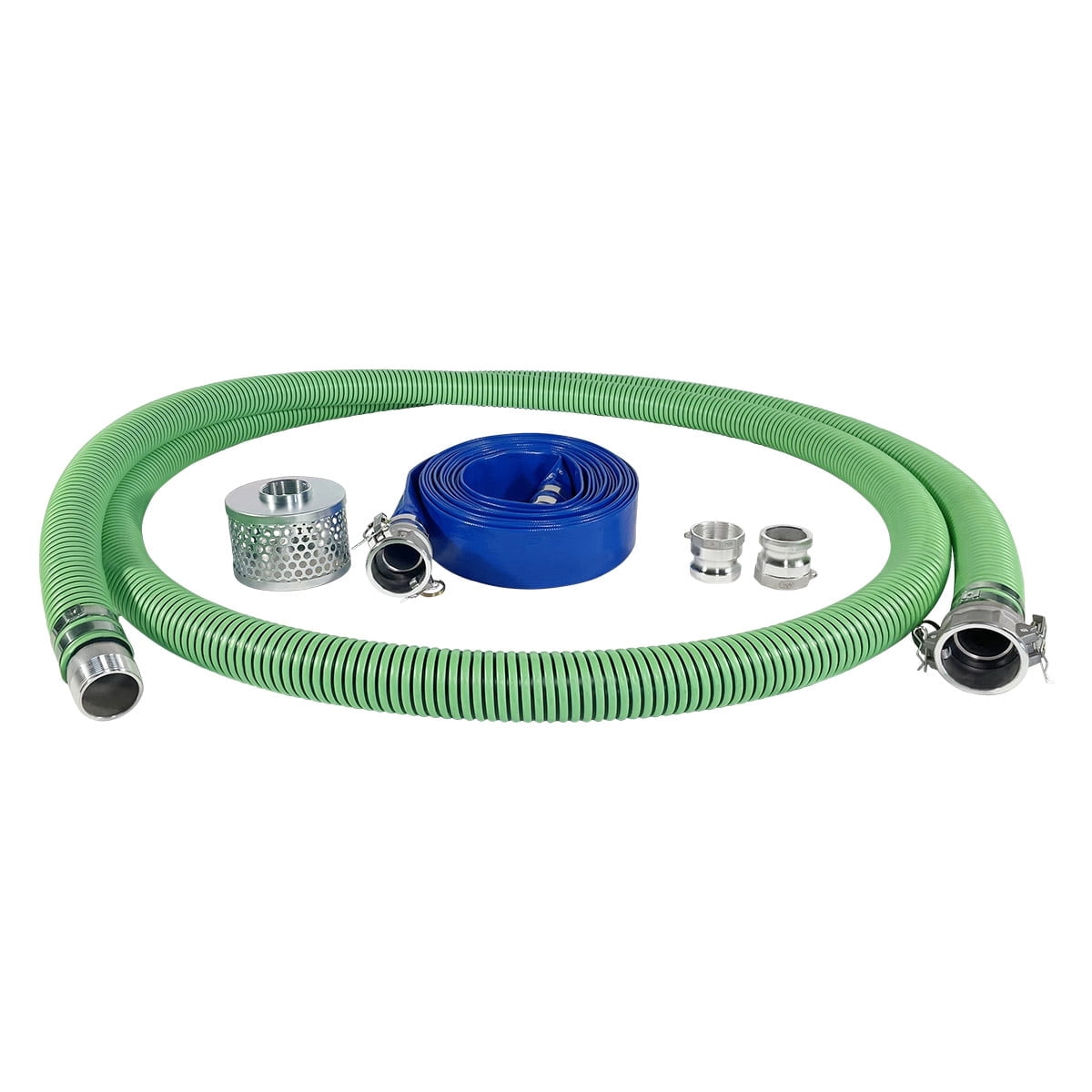 Gloxco 2" Pump Hose Kit, Includes 2 inch x 20 ft Green EPDM Suction Hose, 2 inch x 50 ft Blue Lay Flat Discharge Hose, Plated Steel Suction Strainer and Two Additional Male Cam and Groove Adapters